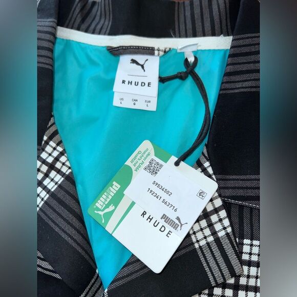 PUMA x RHUDE Plaid Longline Coach Coat Black White Check Turquoise Men's L NWT - Picture 5 of 12